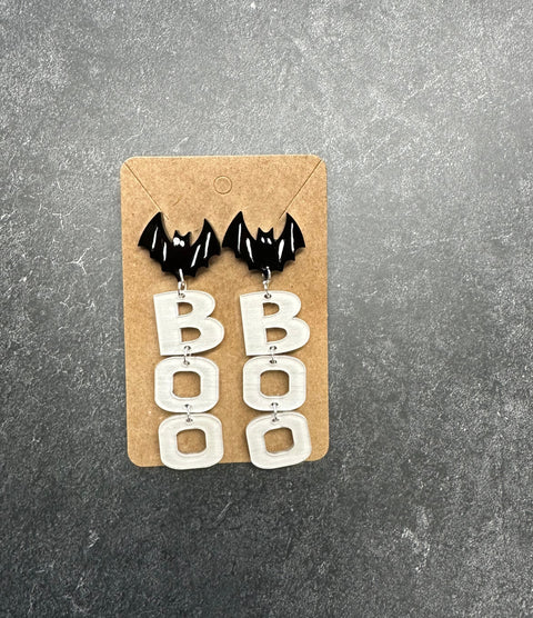 Boo Acrylic Earrings Halloween Bat BOO  