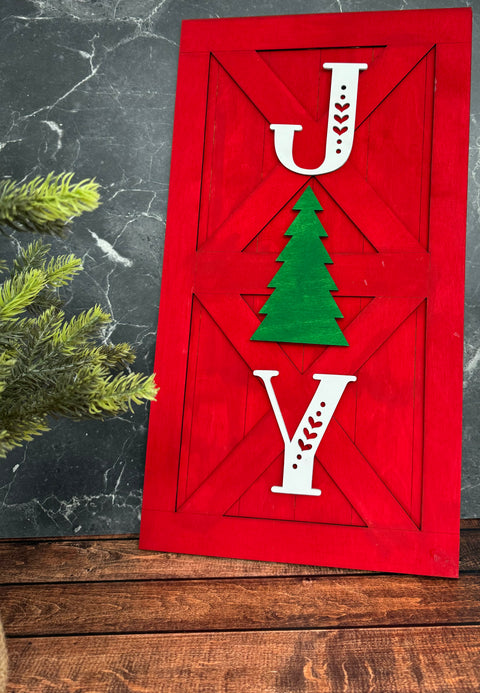 Joy - Barn Door Sign Christmas Wall Décor Red - Tree  