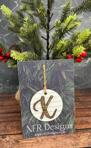 Shiplap Initial Christmas Ornament - Cursive Font Christmas Ornament X - Cursive Dark letter/White backing 