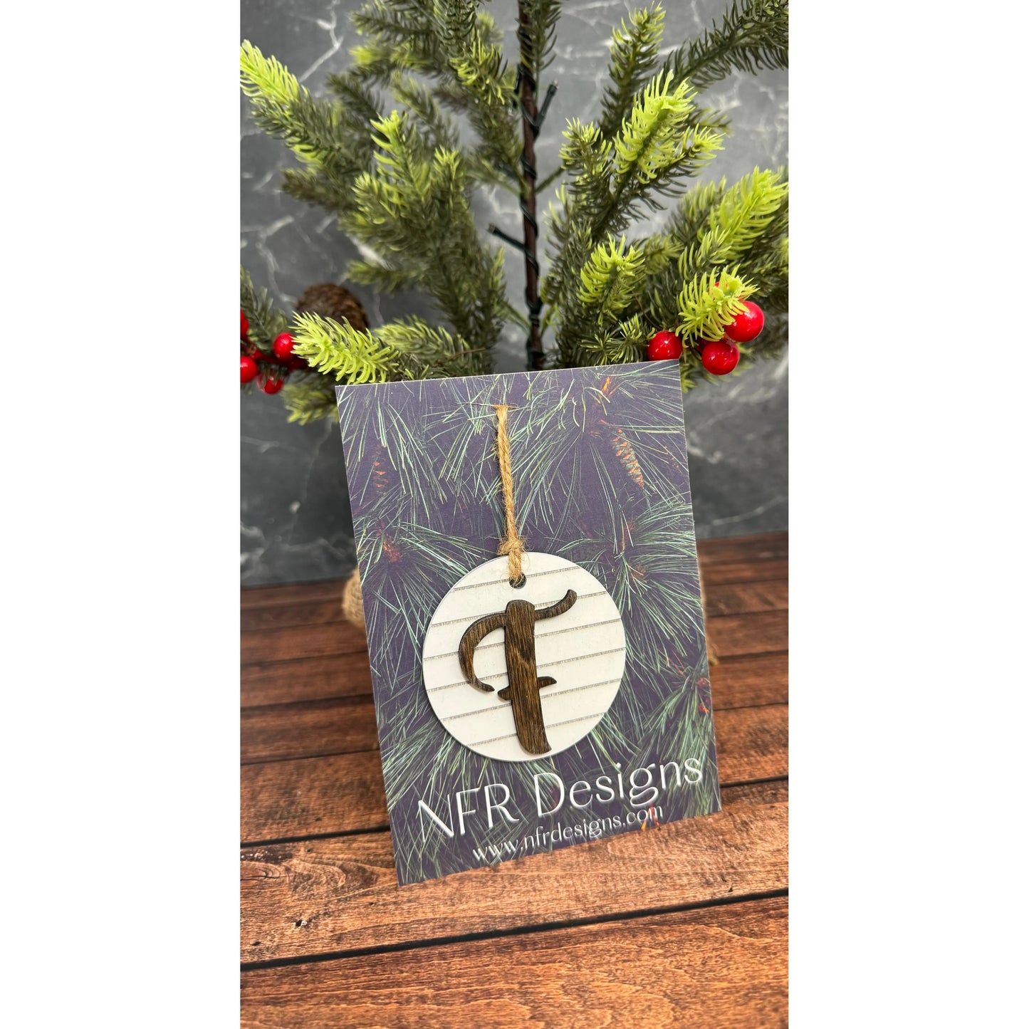 Shiplap Initial Christmas Ornament - Cursive Font Christmas Ornament F - Cursive Dark letter/White backing 
