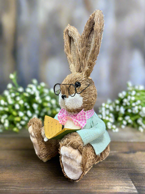 RAZ - 11.75" Reading Bunny Spring Decor, Cute Bunny Home Decor, Easter Decorations, Whimsical Table Centerpiece & Gift