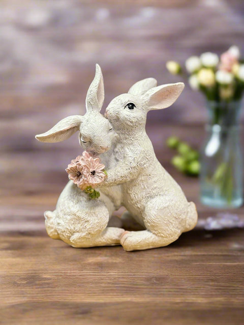 Bunny Couple with Flowers Bunny figurine