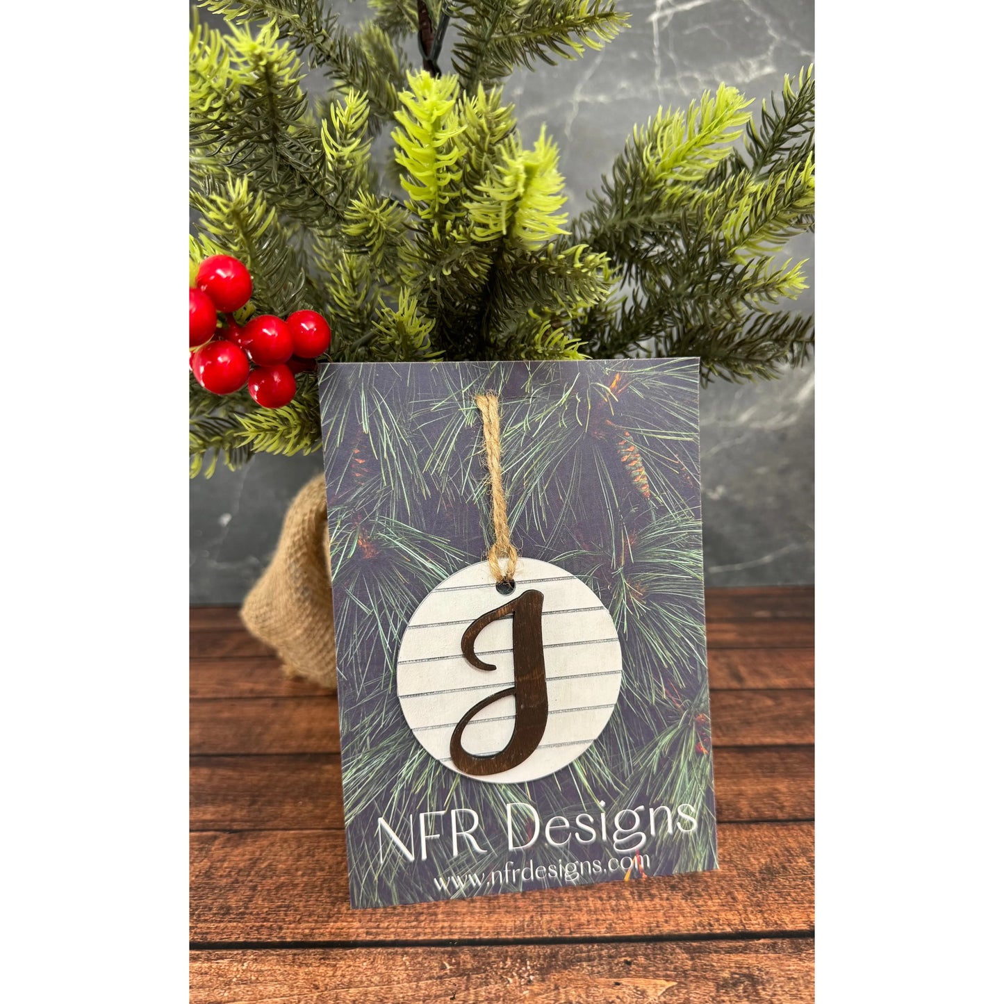 Shiplap Initial Christmas Ornament - Cursive Font Christmas Ornament J - Cursive Dark letter/White backing 