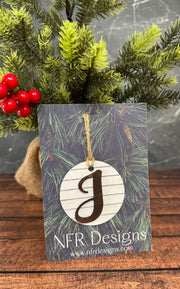 Shiplap Initial Christmas Ornament - Cursive Font Christmas Ornament J - Cursive Dark letter/White backing 
