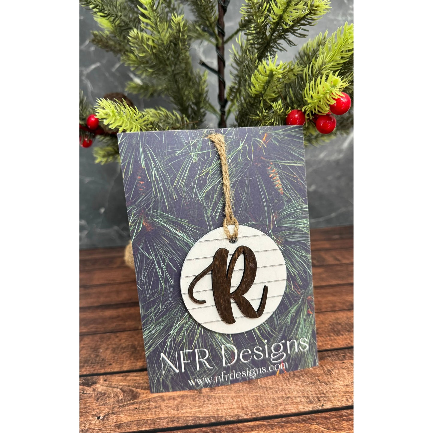 Shiplap Initial Christmas Ornament - Cursive Font Christmas Ornament R - Cursive Dark letter/White backing 