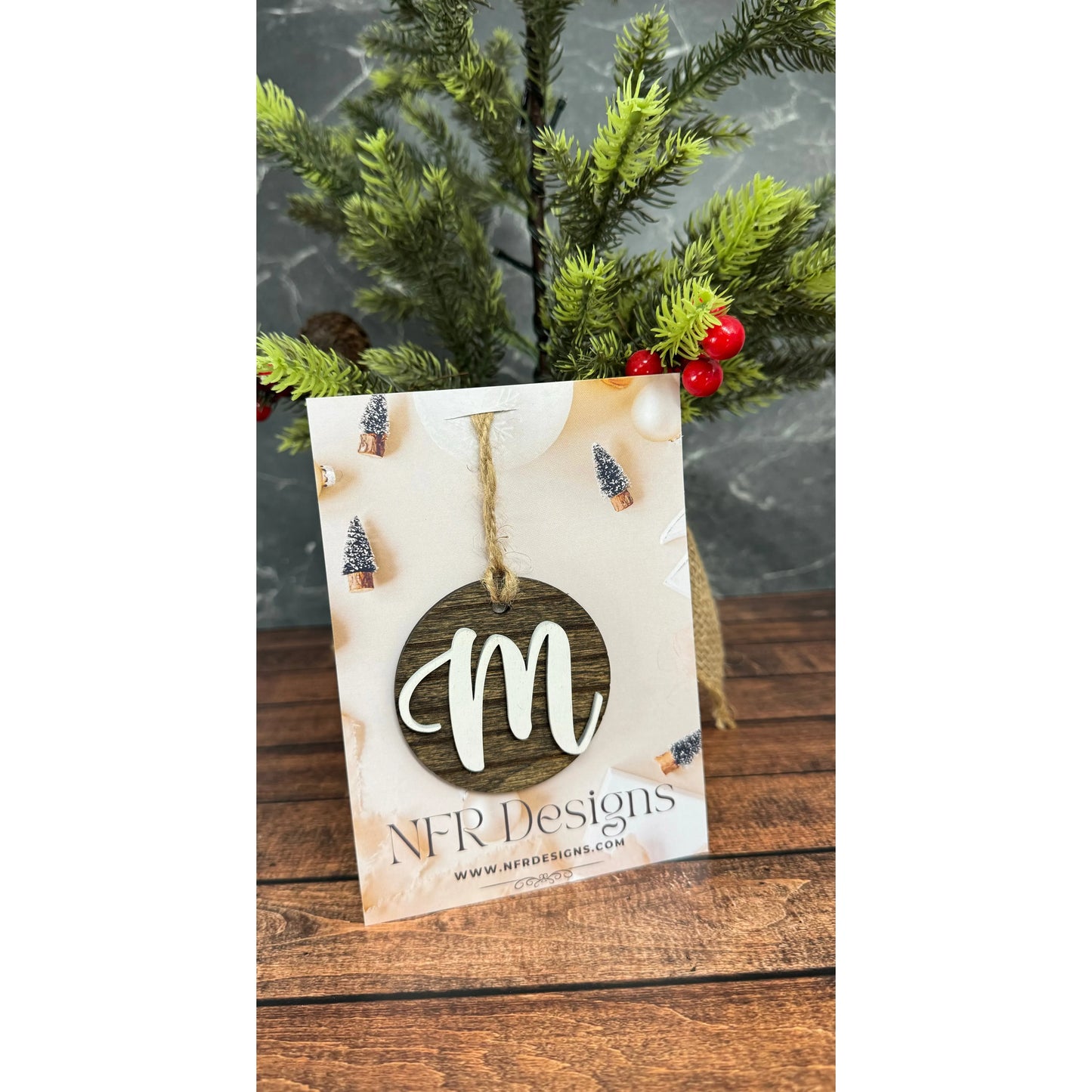 Shiplap Initial Christmas Ornament - Cursive Font Christmas Ornament M - Cursive White letter/Dark backing 