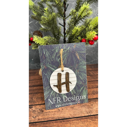 Farmhouse Initial Christmas Ornament, Personalized Wooden Monogram Ornament, Rustic Shiplap Tree Ornament, Custom Stocking Tag, Housewarming Gift Christmas Ornament H - Cursive Dark letter/White backing