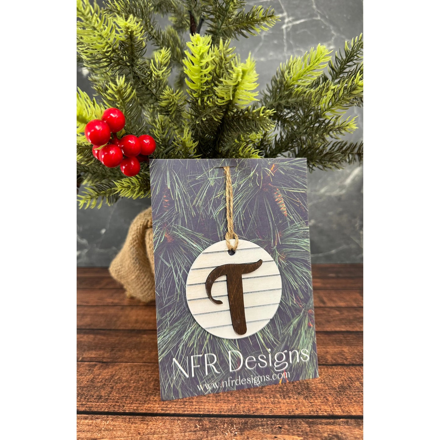 Shiplap Initial Christmas Ornament - Cursive Font Christmas Ornament T - Cursive Dark letter/White backing 