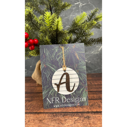 Shiplap Initial Christmas Ornament - Cursive Font Christmas Ornament A - Cursive Dark letter/White backing 