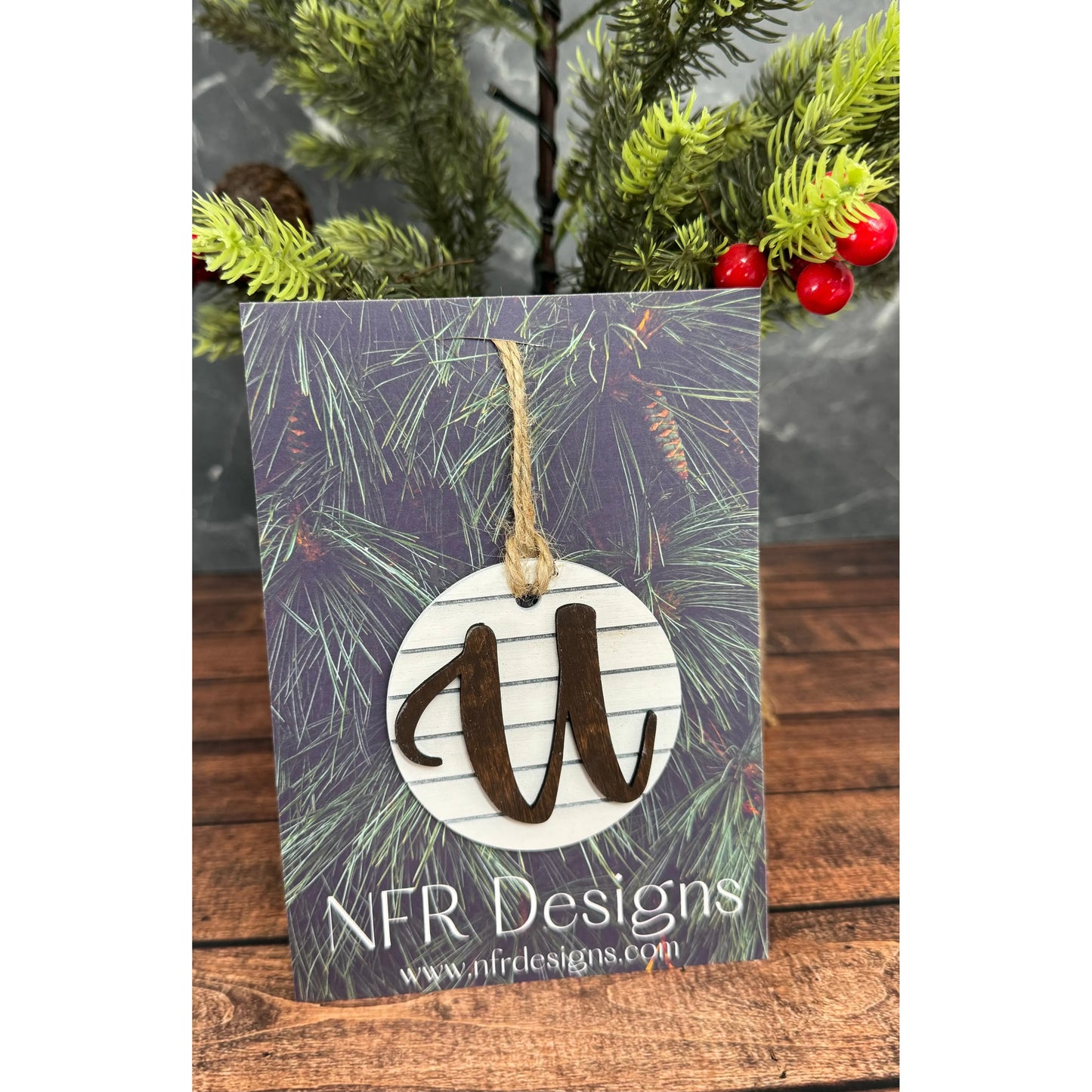 Shiplap Initial Christmas Ornament - Cursive Font Christmas Ornament U - Cursive Dark letter/White backing 