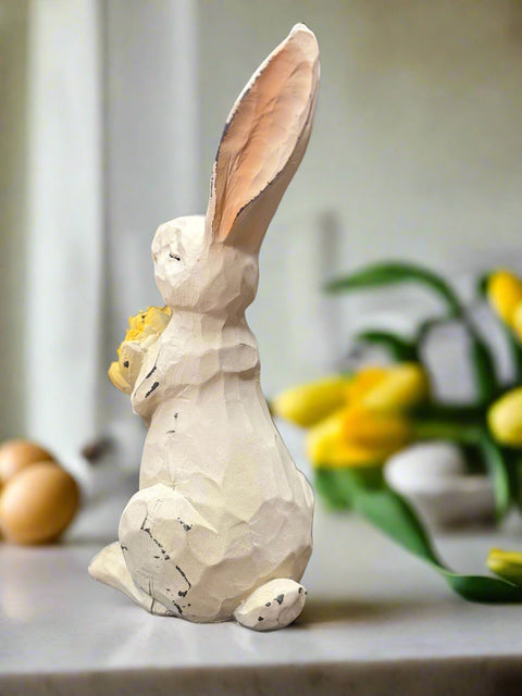 Noms Bunny With Yellow Tulips Resin Figurine | Cute Spring Decor & Gift for Rabbit Lovers | Collectible