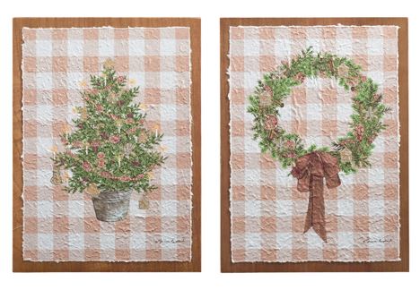 RAZ - 18" Gingerbread Gingham Greenery Textured Paper on Wood Wall Art Wall Decor   