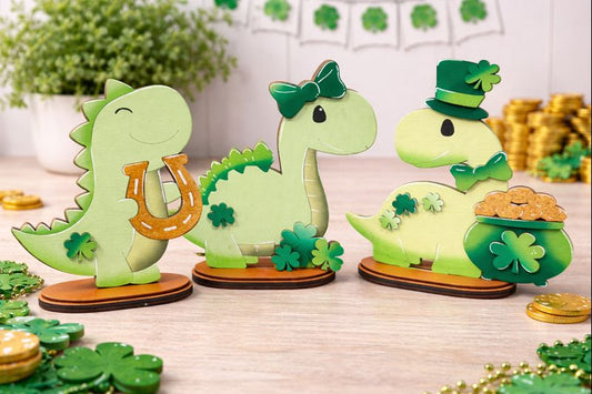 St. Patrick’s Day Wooden Dinosaur Figurine – Lucky Dino Shelf Decor