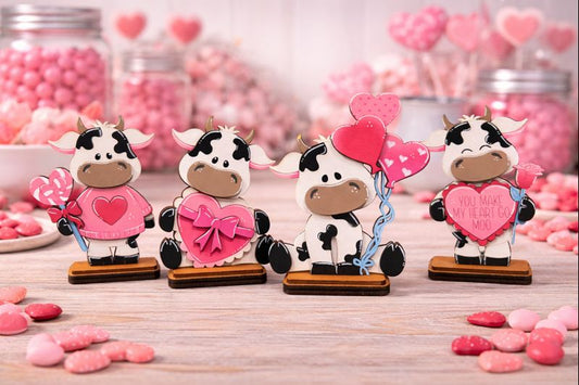 Valentine Cow Decor | Cute Wooden Cow Figurines | Whimsical Valentine Farmhouse Decor | Pink Valentine Shelf & Tabletop Decor