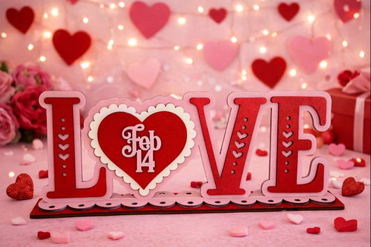 LOVE Feb 14 Tabletop Decor • Pink & Red Tiered Wood Valentine Display