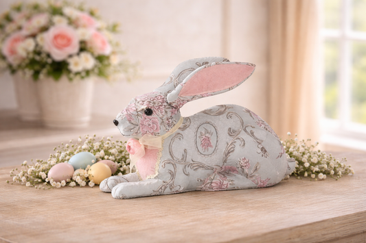 10" Reclining Blue Floral Easter Bunny - Whimsical Spring Figurine