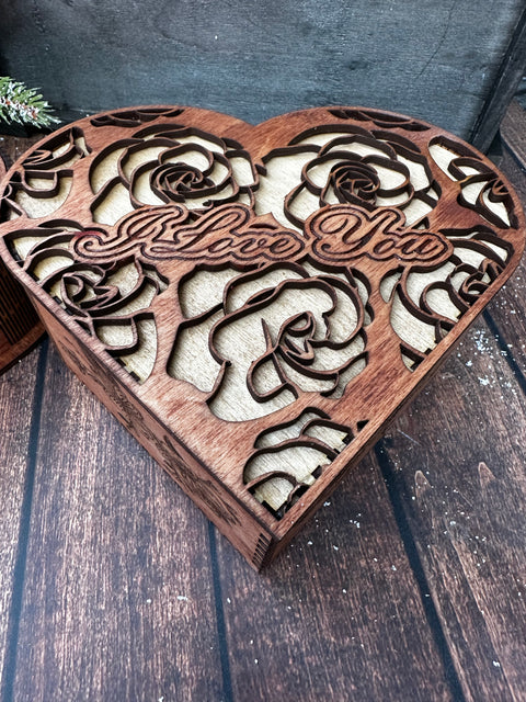 I Love You - Heart shaped box | Valentine wood box Early American stain with American Walnut stained body