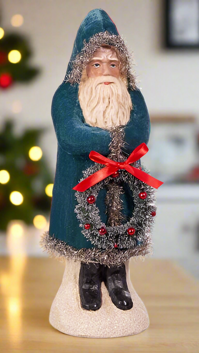 RAZ -12" Blue Velvet Santa with Wreath christmas accent piece