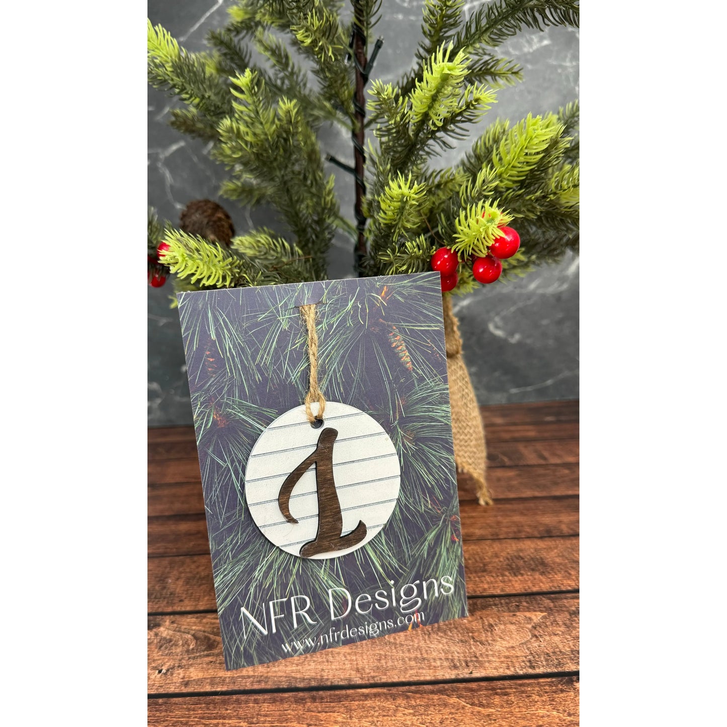 Shiplap Initial Christmas Ornament - Cursive Font Christmas Ornament L - Cursive Dark letter/White backing 