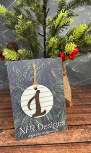 Shiplap Initial Christmas Ornament - Cursive Font Christmas Ornament L - Cursive Dark letter/White backing 