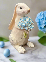 Nibbles Bunny with Blue Hydrangea | Cute Bunny Decor, Spring & Easter Home Accent, Adorable Rabbit Figurine, Gift for Animal Lovers table decor