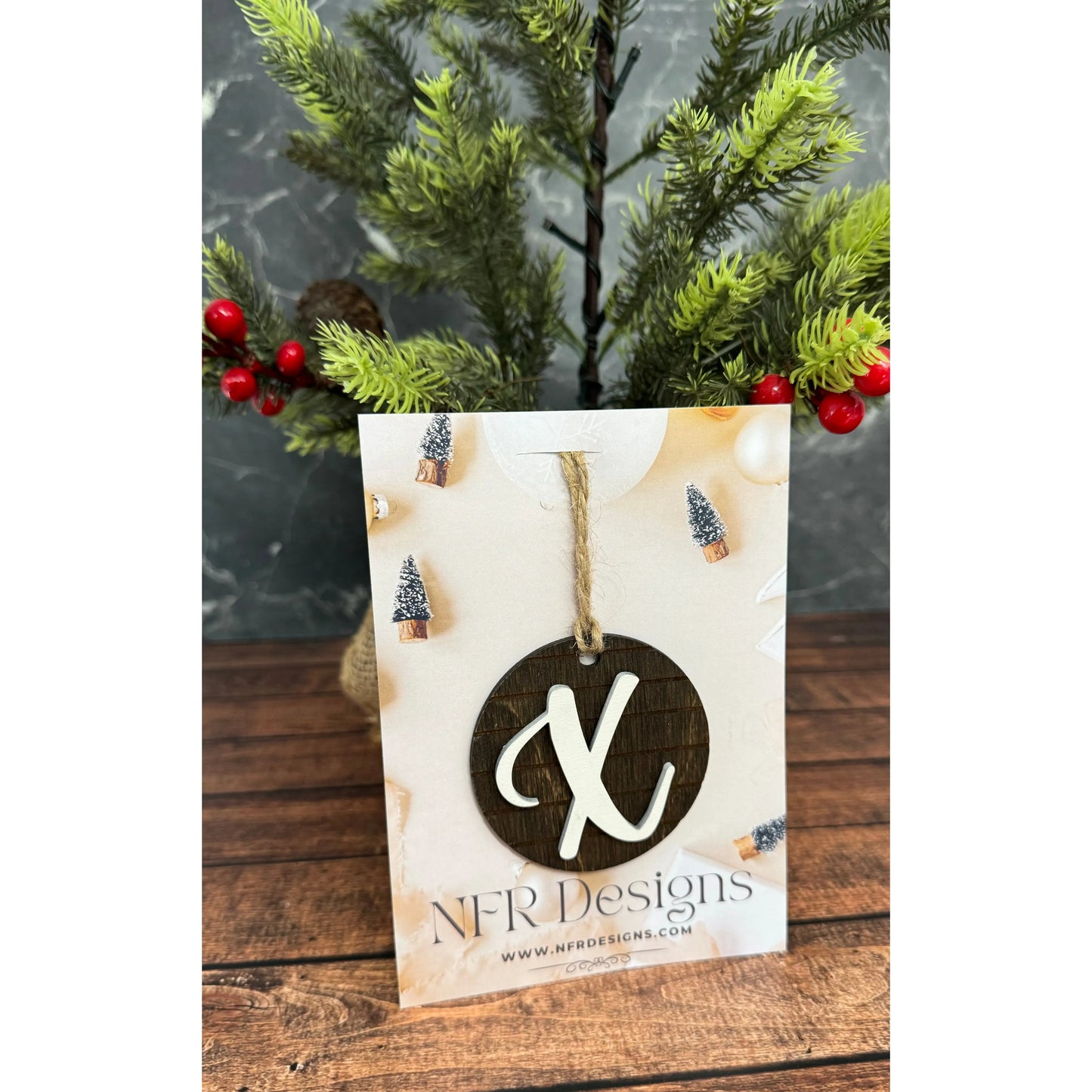 Shiplap Initial Christmas Ornament - Cursive Font Christmas Ornament X - Cursive White letter/Dark backing 
