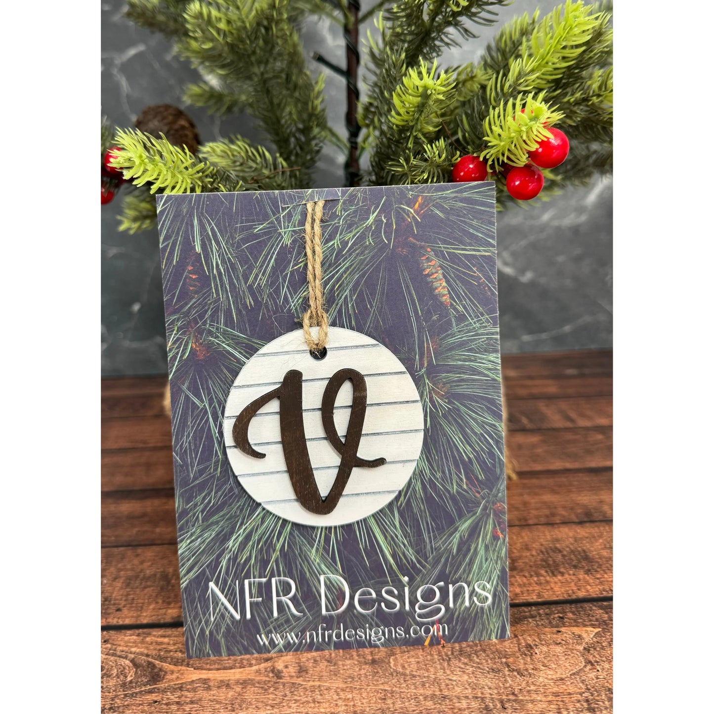 Shiplap Initial Christmas Ornament - Cursive Font Christmas Ornament V - Cursive Dark letter/White backing 