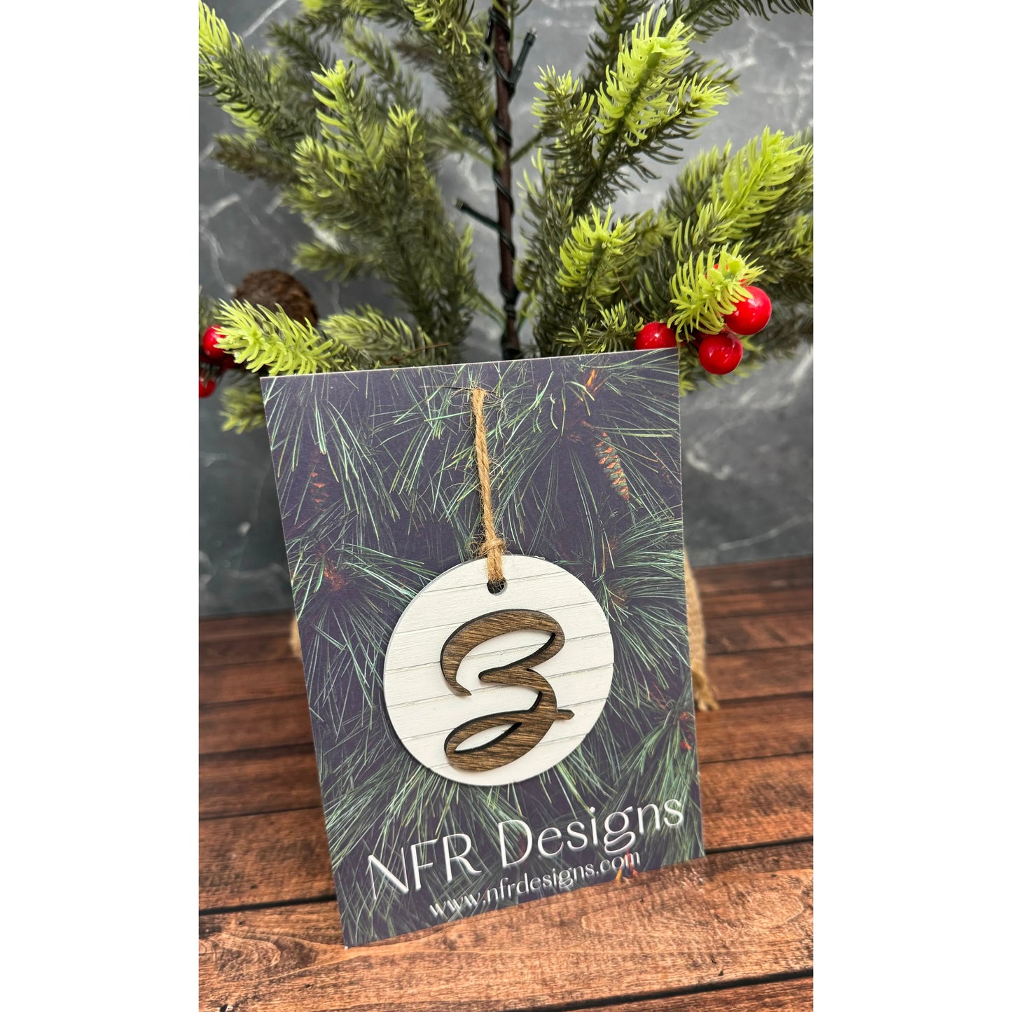 Shiplap Initial Christmas Ornament - Cursive Font Christmas Ornament