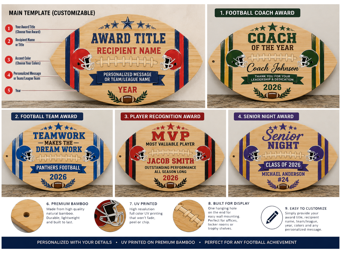Personalized Football Award Bamboo Cutting Board | Fantasy Football, Coach & Team Awards