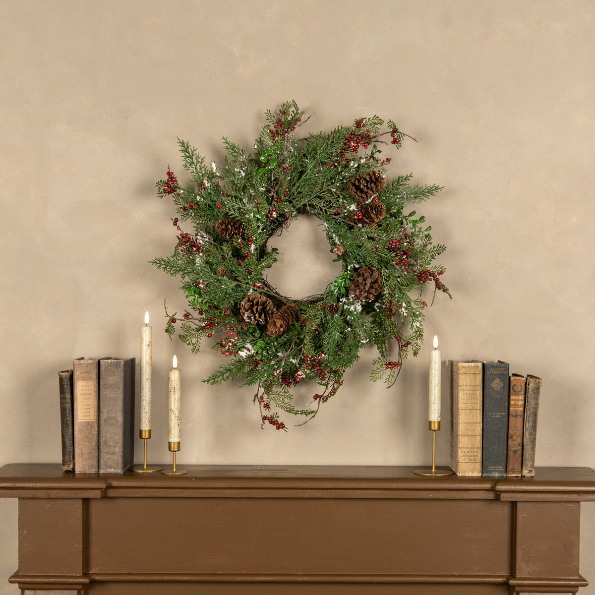 24" Snow Flurry Wreath with Red Berries