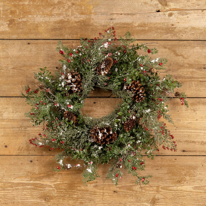 24" Snow Flurry Wreath with Red Berries