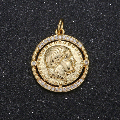 Golden Rustic Emperor Coin Charm CZ Dainty Micro Pave Geometric Round Medallion Charm Pendant GP - 067 - Nifty Decor & More