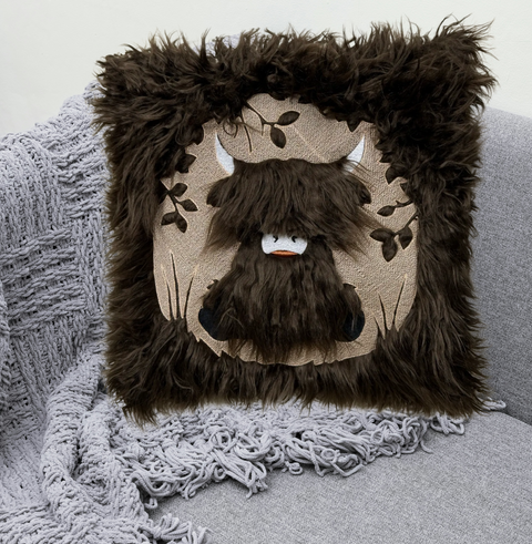 Highland Faux Fur Pillow Animal Pillow Dark Brown  