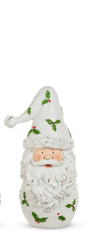 Decorative gnome figure with a white beard and green holly leaves on a white background