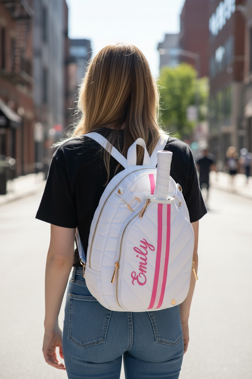 A woman viewed from behind wearing a white quilted backpack with pink stripes and the name 'Emily' in pink script, walking down a city street.