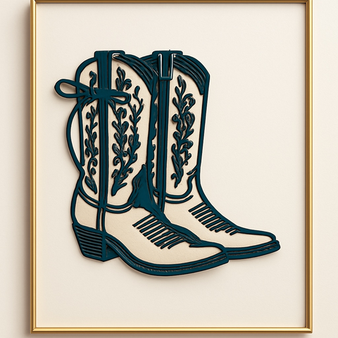 Wooden Blue and White Boots Wall Art, Coquette Couture Framed Décor, Unique Rustic Home Decoration, Perfect Gift for Fashion Lovers