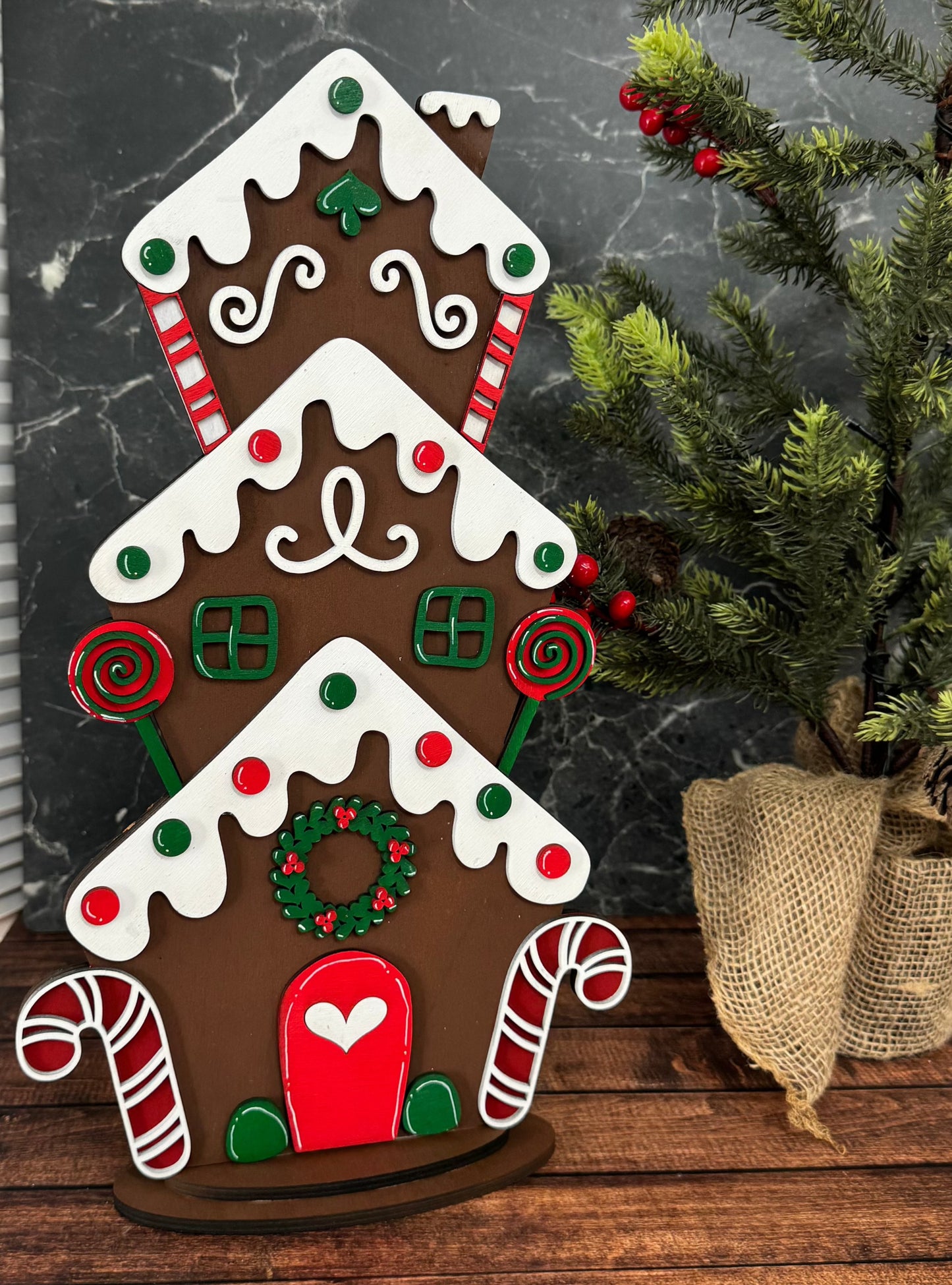 Stacked Gingerbread House Stand Christmas Shelf Sitter Big  