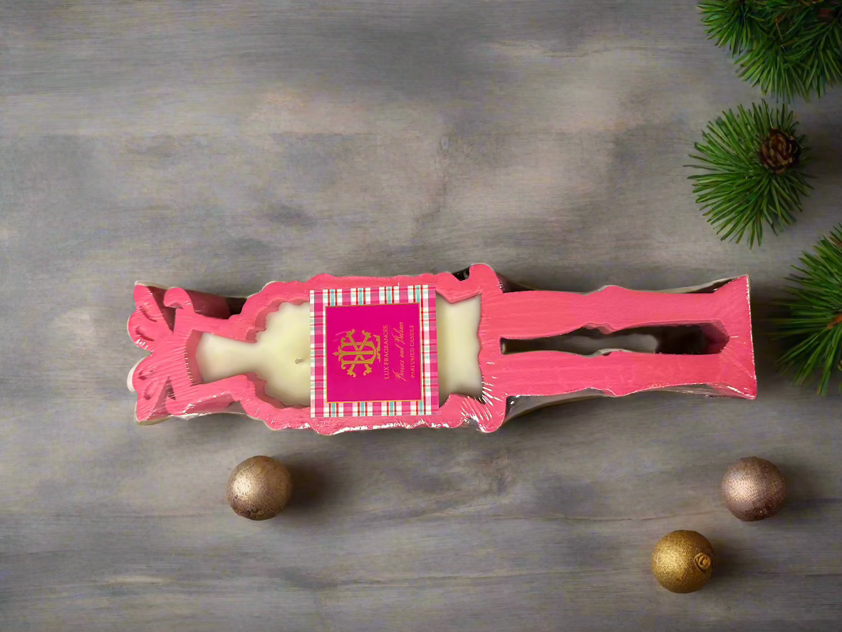 Berries and Balsam 2-Wick Pink Wooden Nutcracker Dough Bowl Candle - Reusable Holiday Decor by LUX Fragrances Luxury Dough Bowl Candle
