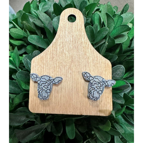 Cow Earrings Animal Earrings SMALL Silver Glitter - Design 