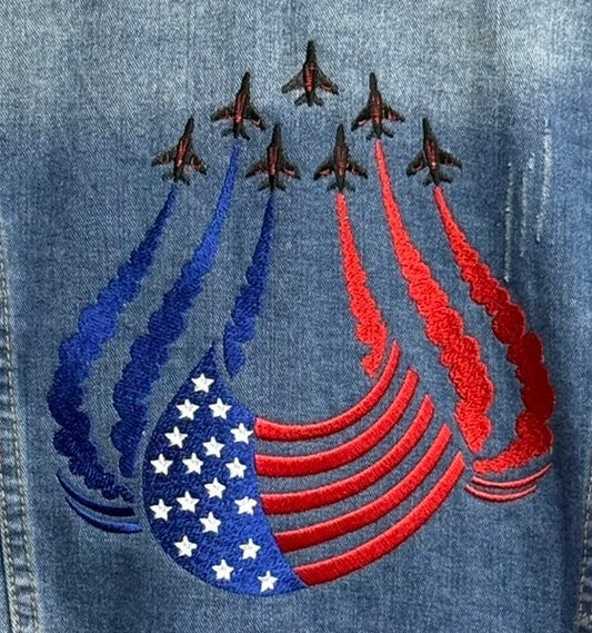 Patriotic Jet Embroidered Denim Jacket, USA Flag Back Design, Airshow Inspired Jean Jacket, Fourth of July Outfit, Military Aviation Gift