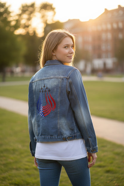 Patriotic Jet Embroidered Denim Jacket, USA Flag Back Design, Airshow Inspired Jean Jacket, Fourth of July Outfit, Military Aviation Gift
