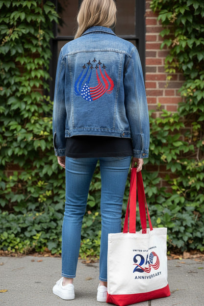 Patriotic Jet Embroidered Denim Jacket, USA Flag Back Design, Airshow Inspired Jean Jacket, Fourth of July Outfit, Military Aviation Gift