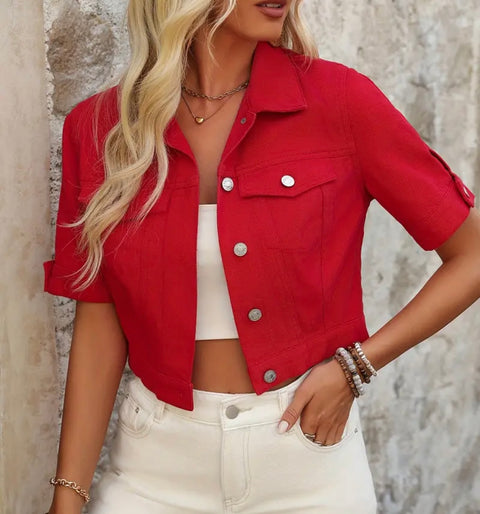 Embroidered Denim Jacket  XS Red Short Sleeve 
