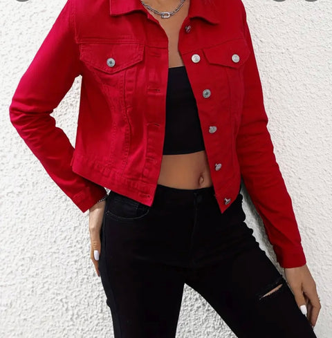 Embroidered Denim Jacket  XS Red Long Sleeve 