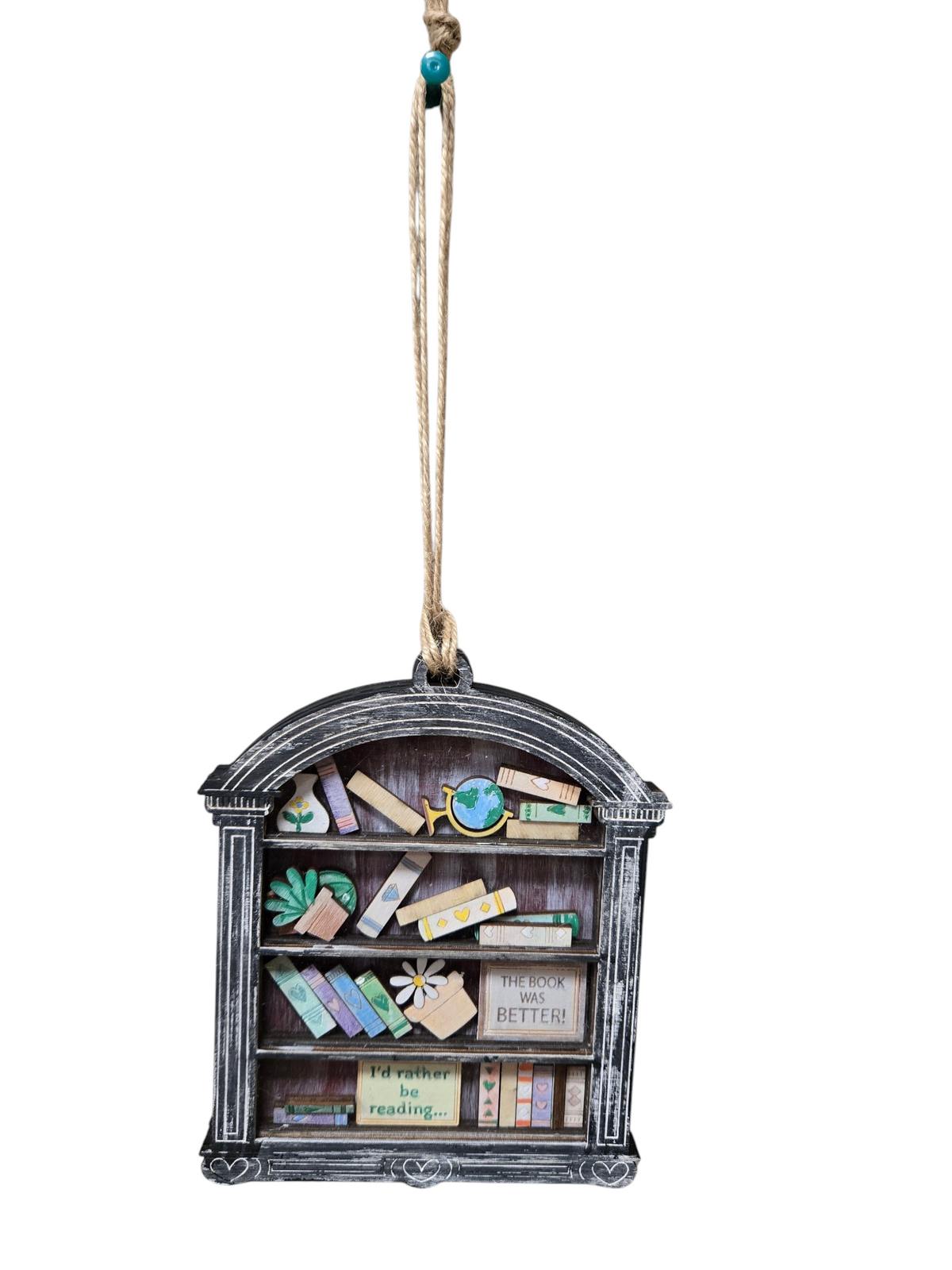 Hand-Painted Bookshelf Shaker Ornament | 4-Layer Book Lover Christmas Ornament