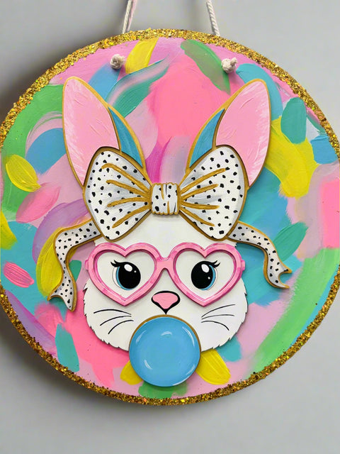 Preppy Bubble Gum Bunny Wall Decor | Colorful Vibrant Festive Home Decor for Easter & Spring Celebrations Blue