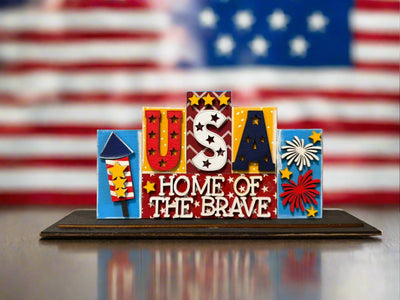 Patriotic Word Stacker Patriotic Shelf Sitter Home of the Brave  