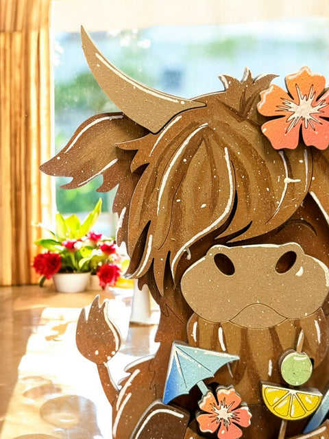 Tropical Highland Cow Shelf Sitter, Colorful Summer Decor for Beach Theme Home, Perfect Gift for Ocean Lovers