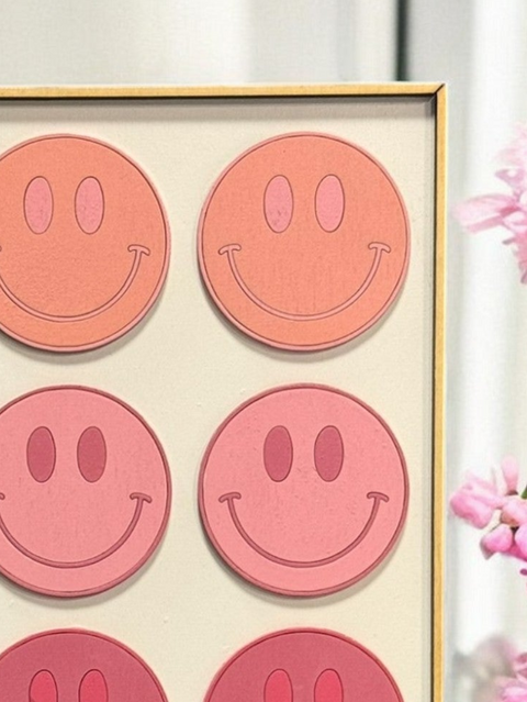 Preppy in Pink Wall Art, Checkered, Pink Smiley Faces & Hearts Designs, Ideal for Kids&