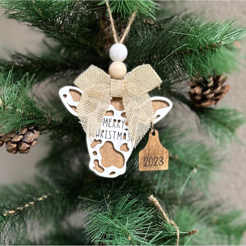 2023 Merry Christmas Cow Ornament Christmas Ornament Brown/White Cow with Stain Tag  